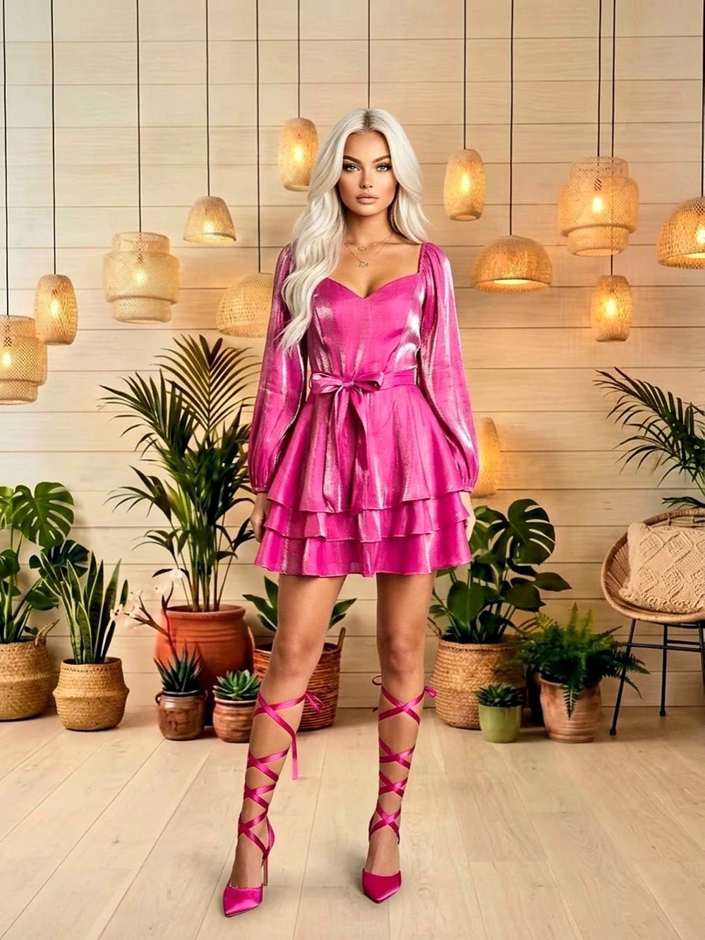 NWOT B Darling Metallic Magenta Layered Ruffle Dress